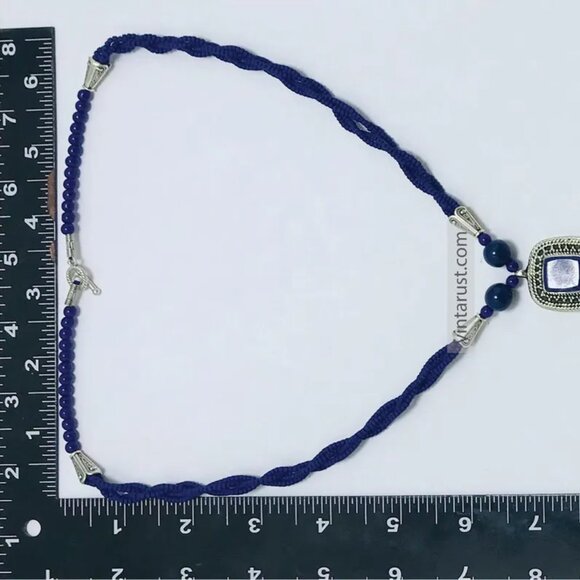 Beaded Chain Necklace with Triple Blue Square Pendants, Lapis Lazuli Stone - Picture 14 of 16
